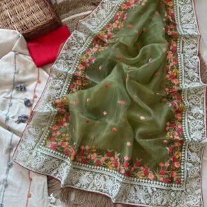 Embroidery Work Organza Silk Mehendi Saree