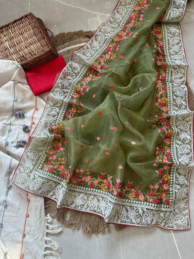 embroidery work organza silk m 1729573070 Embroidery Work Organza Silk Mehendi Saree