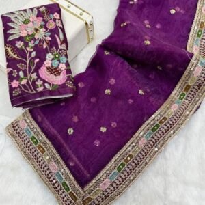 Embroidery Work Purple Organza Silk Saree