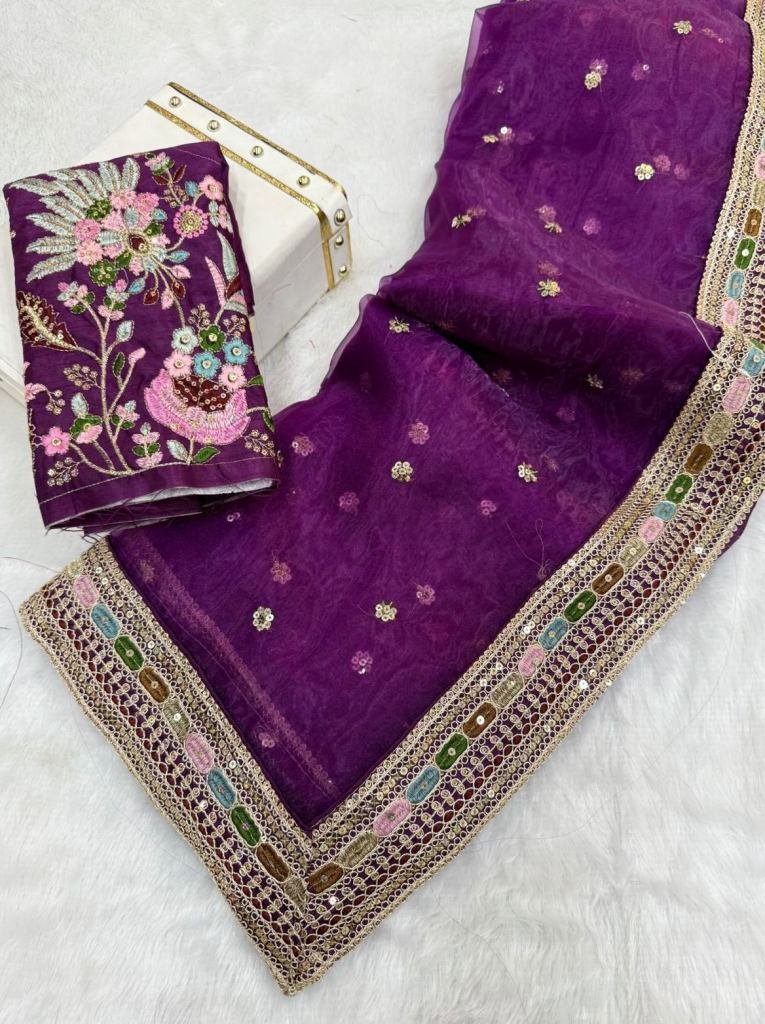 embroidery work purple organza 1749464758 Embroidery Work Purple Organza Silk Saree