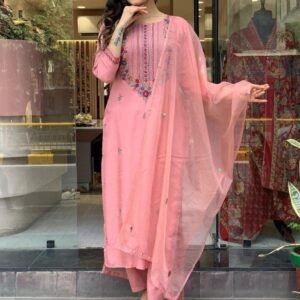 Embroidery Work Silk Blush Kurti Pant with Dupatta