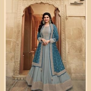 Embroidery Work Silk Grey Gowns With Net Dupatta