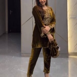 Embroidery Work Velvet Mehendi Top and Pant