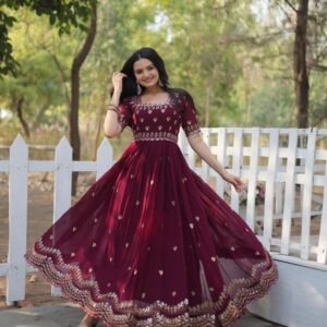 Embroidery Zari Sequins Work Wine Color Gowns