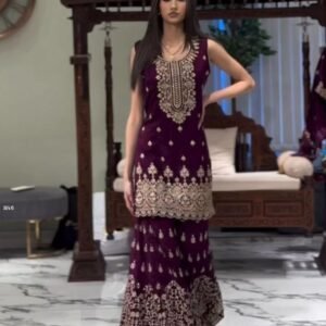 Ethereal Grace Fox Georgette Wine Heavy Sharara Suit