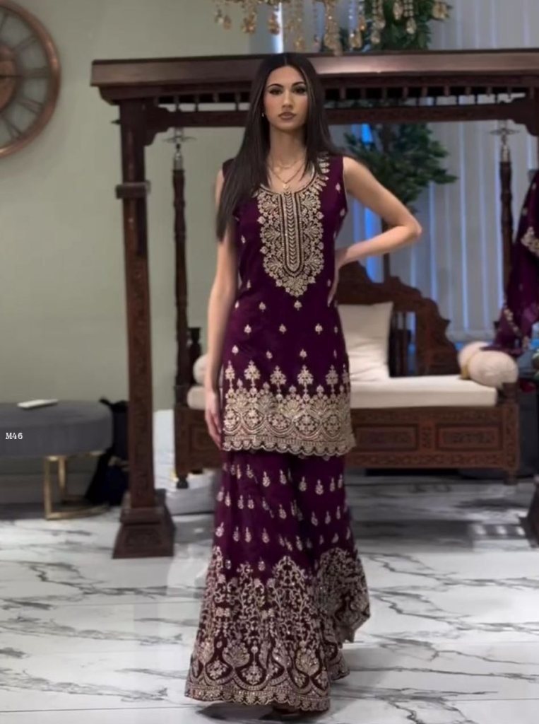 ethereal grace fox georgette w 1743845782 Ethereal Grace Fox Georgette Wine Heavy Sharara Suit
