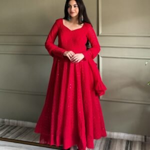 Ethnic Red Anarkali Gown with Kali Cut And Ruffle Dupatta