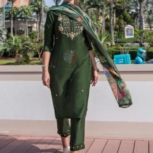 Ethnic Hand Work Green Kurti Pant With Dupatta