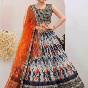 Ethnic Silk Blend Embroidered Off White and Blue Lehenga Choli