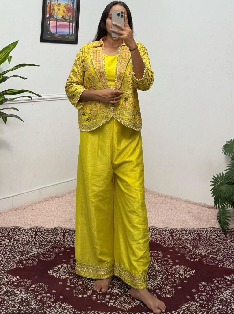 ethnic style yellow colour emb 1744258693 Ethnic Style Yellow Colour Embroidery Work Co Ord Set