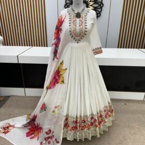 Ethnic White Chinon Silk Gown With Dupatta