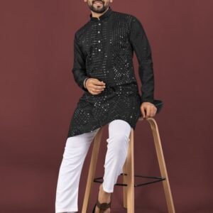 Evergreen Black Sequence Work Viscose Kurta Pajama Set