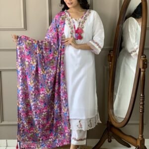 Exclusive Collection Of White Chanderi Silk Kurtis Pant Dupatta Set