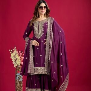 Exclusive Designer Heavy Work Pure Heavy Chinon Silk Sharara Suits Set