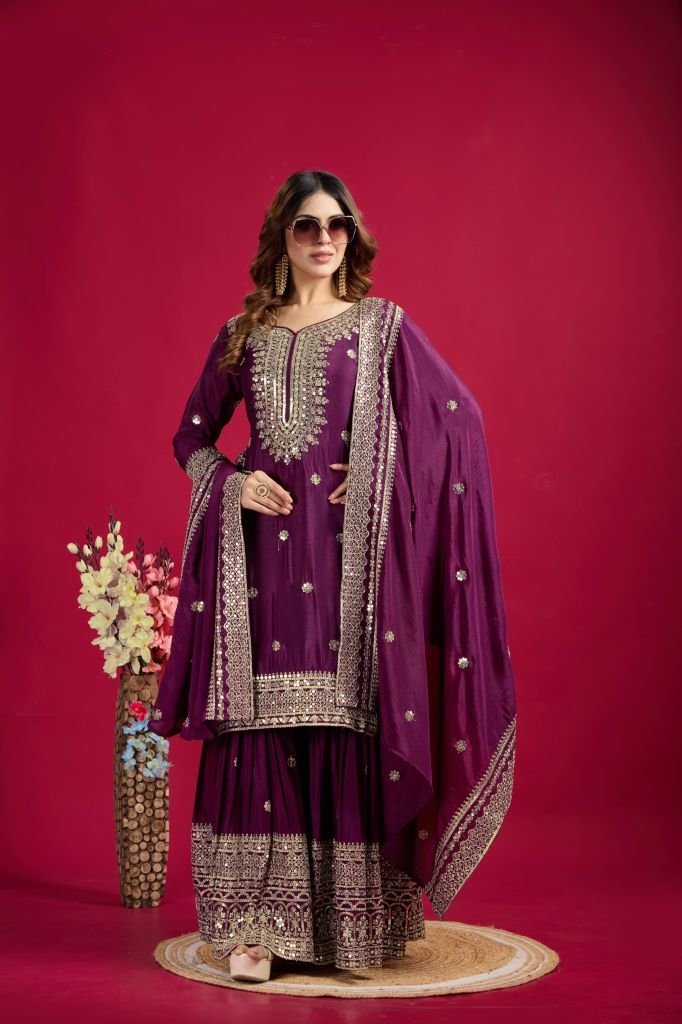 exclusive designer heavy work 1737105520 Exclusive Designer Heavy Work Pure Heavy Chinon Silk Sharara Suits Set