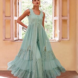 Exclusive Fully Frilled Firozi Long Georgette Gown in Western Style