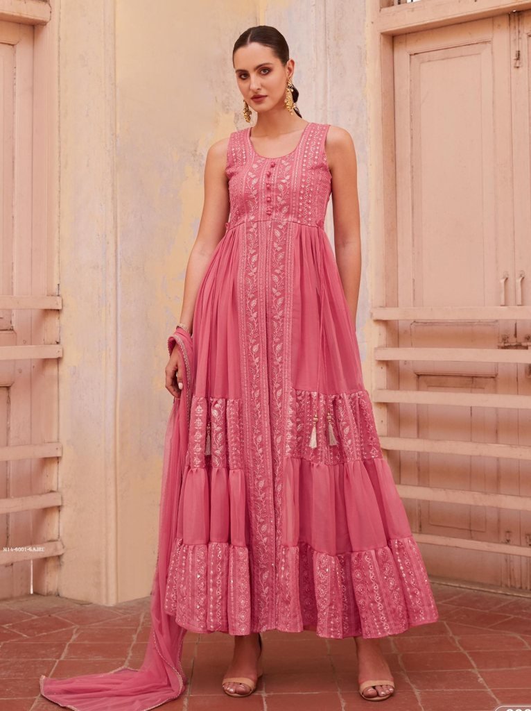 exclusive fully frilled gajri 1718107997 Exclusive Fully Frilled Gajri Long Georgette Gown in Western Style