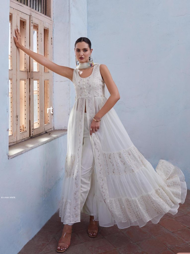 exclusive fully frilled white 1718107518 Exclusive Fully Frilled White Long Georgette Gown in Western Style