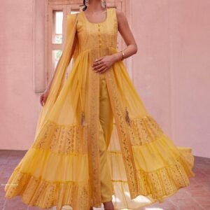 Exclusive Fully Frilled Yellow Long Georgette Gown in Western Style