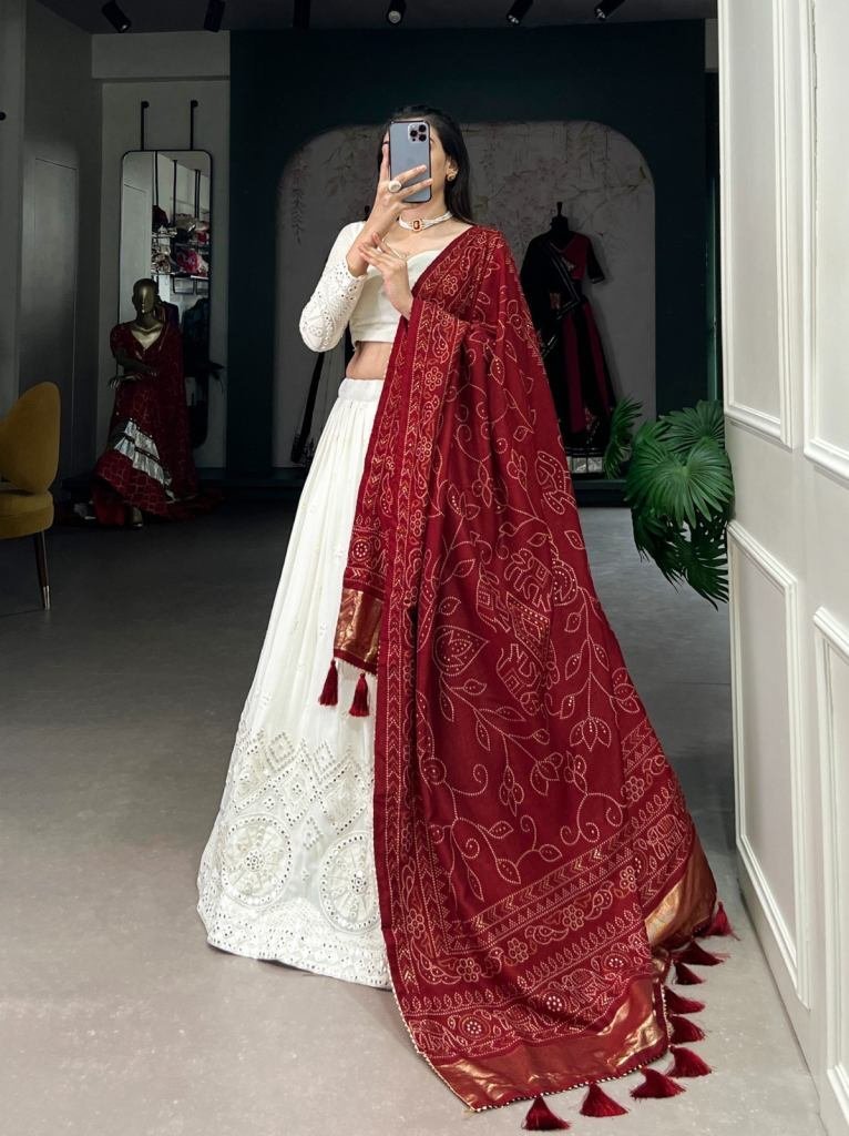 exclusive georgette lehenga wi 1728908262 Exclusive Georgette Lehenga With Printed Red Dupatta