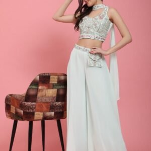 Exclusive Light Pista Embroidery Work Readymade Georgette Crop Top Lehenga