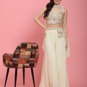 Exclusive Light Yellow Embroidery Work Readymade Georgette Crop Top Lehenga