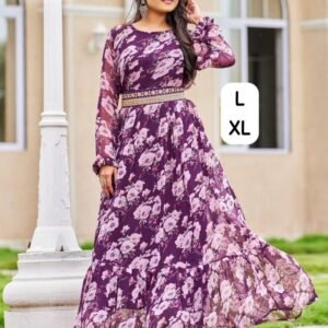 Exclusive Long Flair and Frill Gown with Long sleeves and Belt