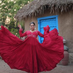Exclusive Maroon Rayon Navaratri Gown With 15 Mtr Flair