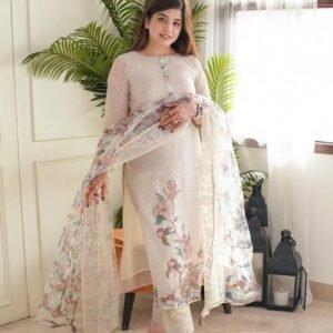 Exclusive Off White Delicate Printed Linen Cotton Kurtis Set