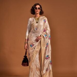 Exclusive Off White Floral Printed Satin Silk Saree