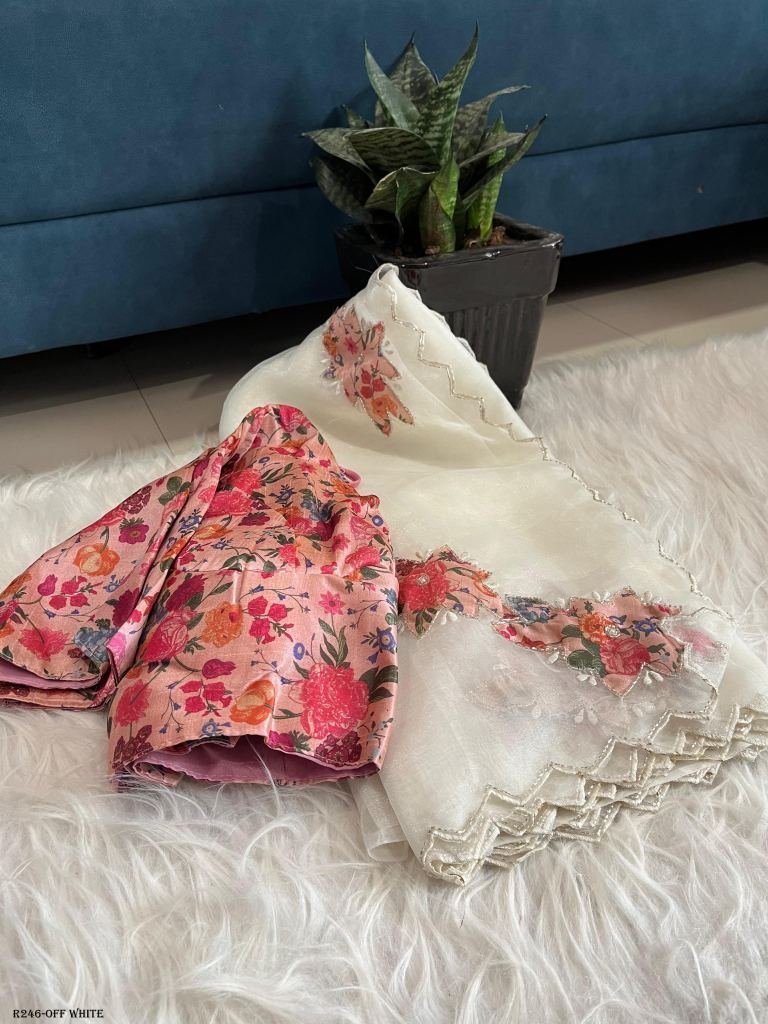 exclusive off white handwork c 1724490172 Exclusive Off White Handwork Crystal Organza Saree