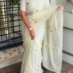 Exclusive Party Wear White Saree With Beautiful Hand Applique Work