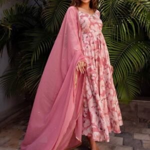 Exclusive Peach pink Color Faux Georgette Floral Printed Anarkali Suit With Dupatta