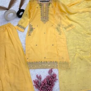 Exclusive Pure Chinon Yellow Suit Set with Intricate Embroidery