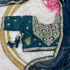 Exclusive Rama Multi Work Natural Rangoli Silk Saree With Stitched Blouse