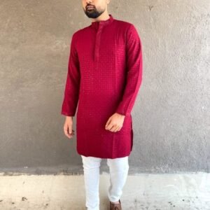 Exclusive Red Men Rayon Chikan Work Kurta With Pajama