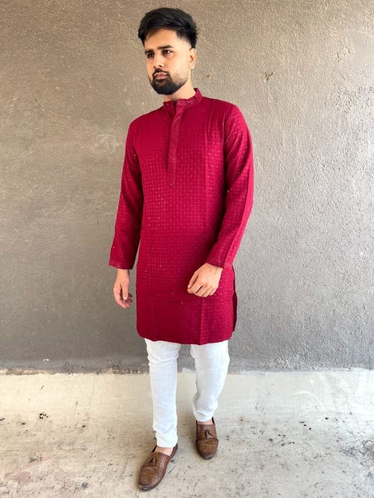 exclusive red men rayon chikan 1733576471 Exclusive Red Men Rayon Chikan Work Kurta With Pajama