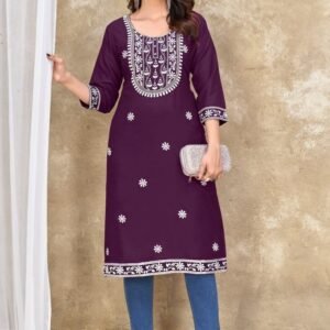 Exclusive Reyon Embroidered Work Wine Kurti