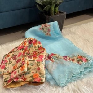 Exclusive Sky Blue Handwork Crystal Organza Saree