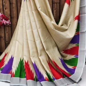 Exclusive Temple Print Cream Tussar Silk Saree