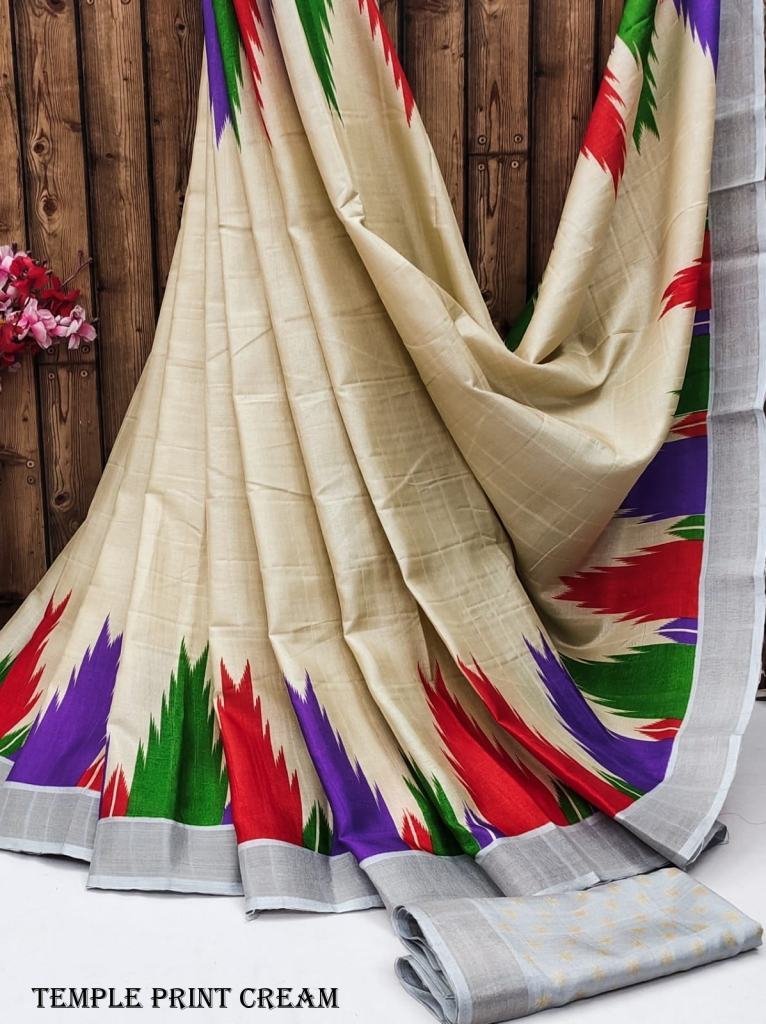 exclusive temple print cream t 1716895835 Exclusive Temple Print Cream Tussar Silk Saree