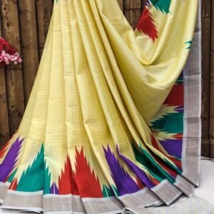 Exclusive Temple Print Lemon Yellow Tussar Silk Saree