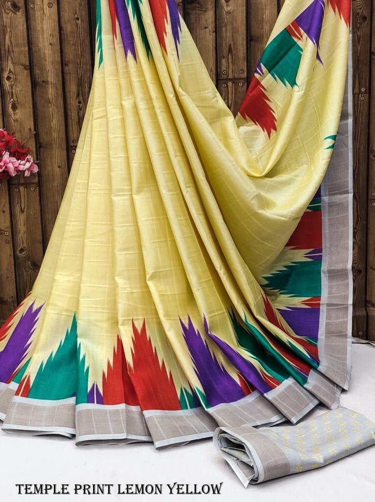 exclusive temple print lemon y 1716896215 Exclusive Temple Print Lemon Yellow Tussar Silk Saree