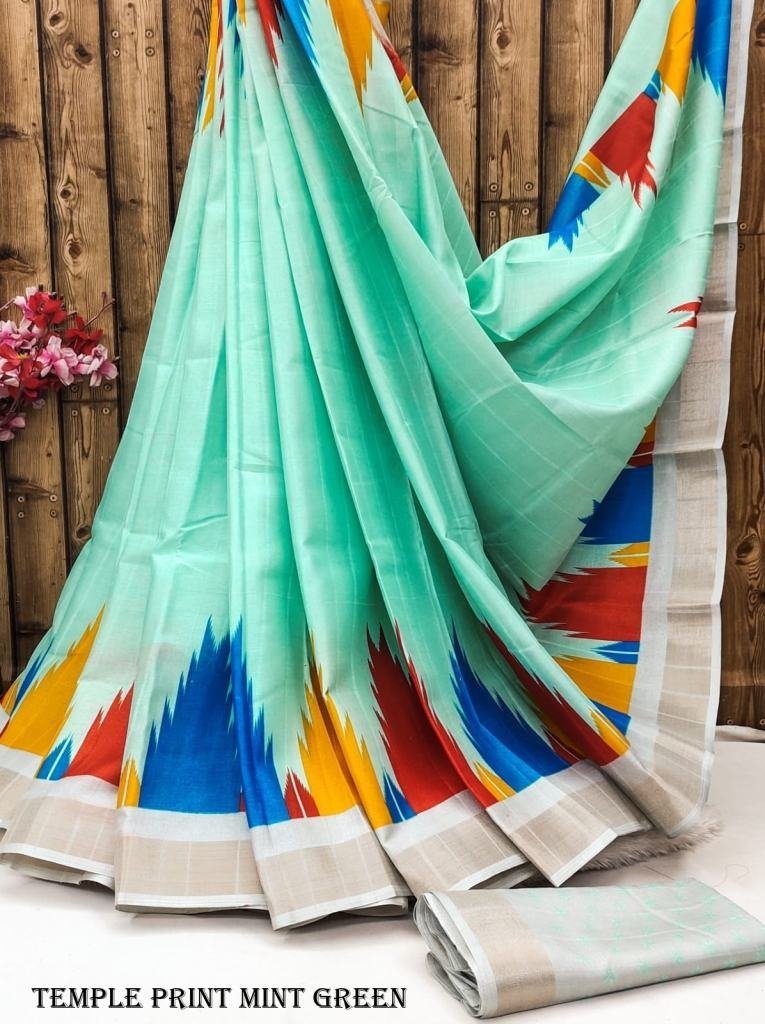 exclusive temple print mint gr 1716900818 Exclusive Temple Print Mint Green Tussar Silk Saree