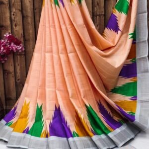 Exclusive Temple Print Peach Tussar Silk Saree