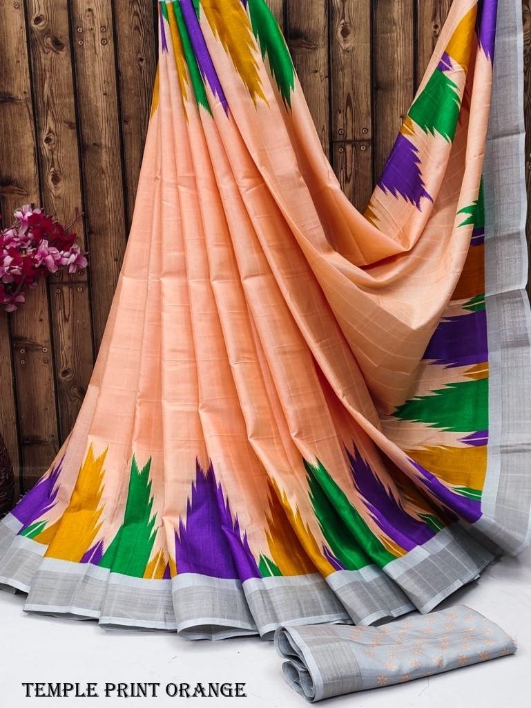 exclusive temple print orange 1716895611 Exclusive Temple Print Peach Tussar Silk Saree