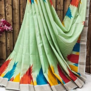 Exclusive Temple Print Pista Tussar Silk Saree