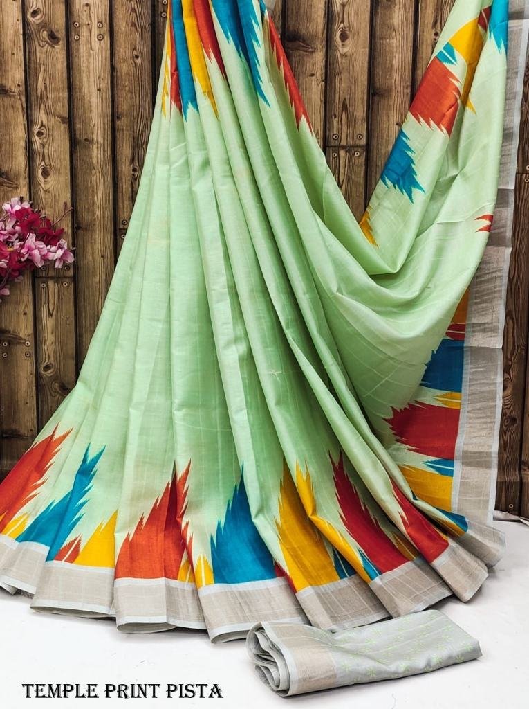 exclusive temple print pista t 1716895919 Exclusive Temple Print Pista Tussar Silk Saree