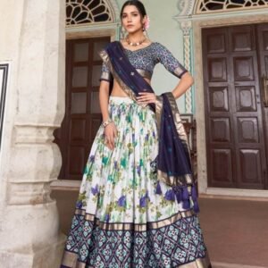 Exclusive Tussar Silk Floral And Patola Print Blue Lehenga Choli