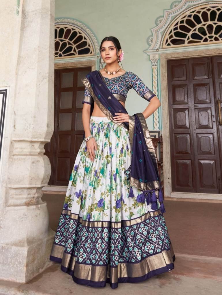 exclusive tussar silk floral a 1712293436 Exclusive Tussar Silk Floral And Patola Print Blue Lehenga Choli